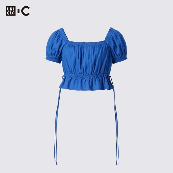 Блузка UNIQLO Gather укороченная с короткими рукавами, синий