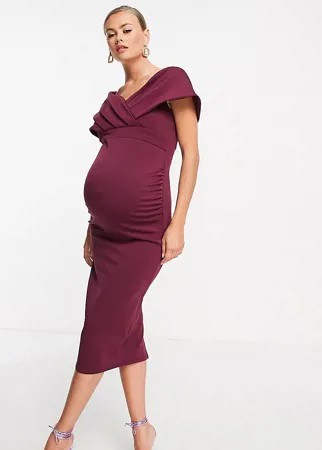 Облегающее платье миди сливового цвета с драпированной вставкой с запахом на плечах True Violet Maternity-Фиолетовый цвет