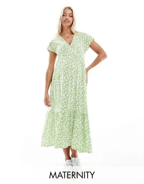 Зеленое платье миди с v-образным вырезом и цветочным принтом Mamalicious Maternity Mama.licious