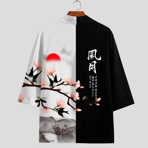 Карнавальные костюмы кардиган шелковый оверсайз кимоно накидка хаори Сакура ЧерноБелый аниме японский стиль Размер XL (175-190)