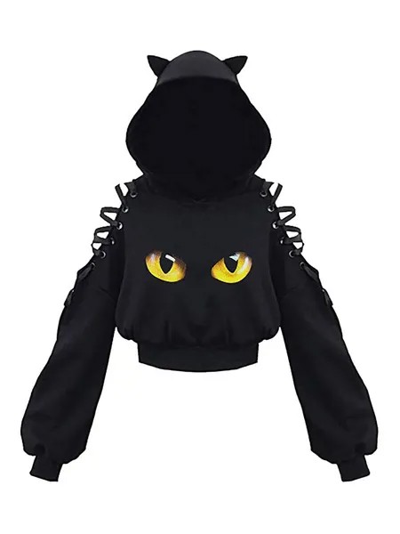 Milanoo Women Hoodie Black Long Sleeves Cat Pattern Short Sweatshirt