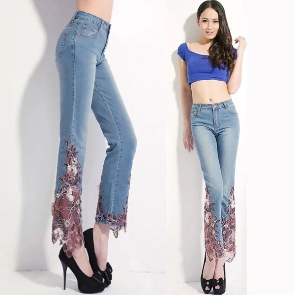 Женские джинсы с высокой талией, лоскутные расклешенные брюки до щиколотки с вышивкой и бисером, распродажа, весна-лето
