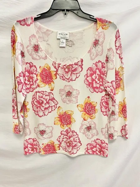 OSCAR de la Renta Трикотажная блузка с цветочным принтом и пайетками, украшенная бисером, M Petite