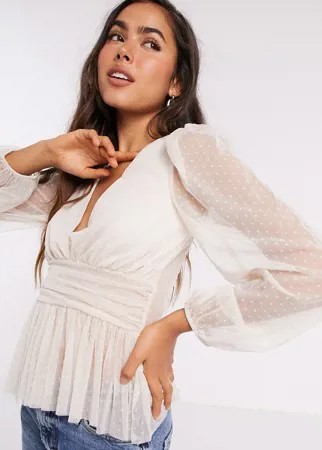 Кремовая блузка из сетки добби с баской River Island-Белый