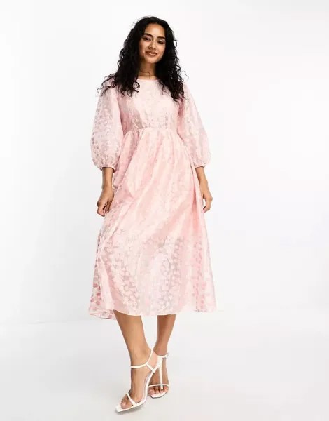 Гламурное розовое платье миди из органзы с объемными рукавами и бантом на спине Glamorous