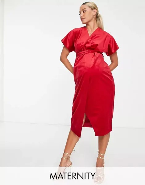 Красное бархатное платье миди с завязками и рукавами-кимоно Closet London