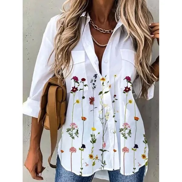 Свободная повседневная блуза с цветочным принтом и длинными рукавами