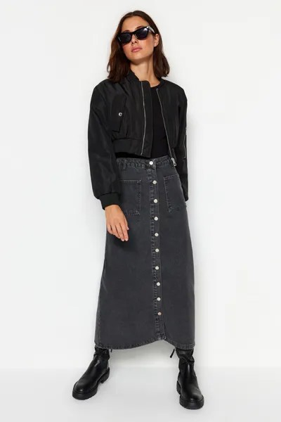 Антрацитовая джинсовая юбка с двойным карманом и высокой талией Trendyol, серый