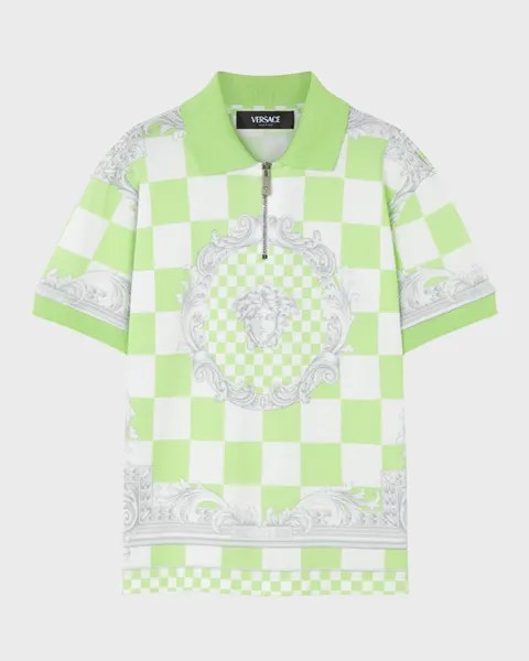 Рубашка-поло из пике с отделкой Barocco для мальчика Versace, цвет Mint White Silver