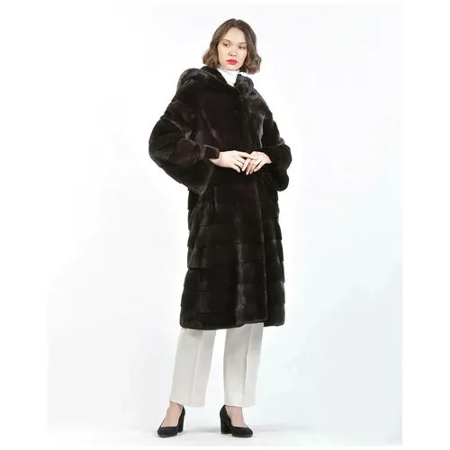 Пальто Mala Mati, норка, силуэт прямой, капюшон, пояс/ремень, размер 42, черный