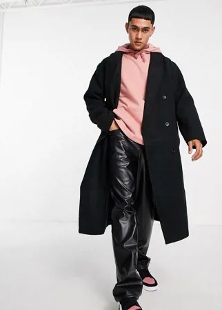 Черное длинное пальто в стиле oversized из материала с добавлением шерсти ASOS DESIGN-Черный цвет