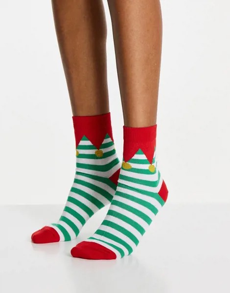 Новогодние носки до щиколотки в стиле эльфа ASOS DESIGN-Разноцветный