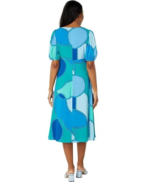 Платье Donna Morgan Puff Sleeve Midi Dress, цвет Green/Blue