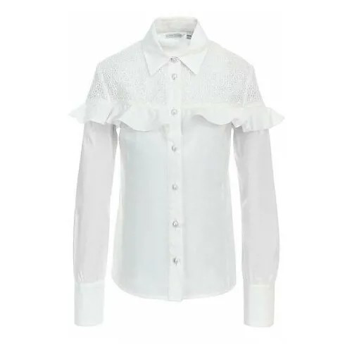 Нарядная белая блузка с кружевной кокеткой и воланом, SSFSG-829-23018-200, Silver Spoon, школьная форма, детская блузка для девочек, размер 140 белый