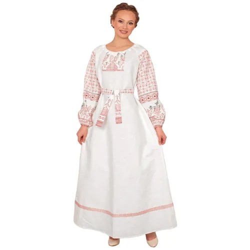 Платье женское летнее длинное белое с длинным рукавом славянская народная рубаха в русском стиле бохо оверсайз, 40-46 размер