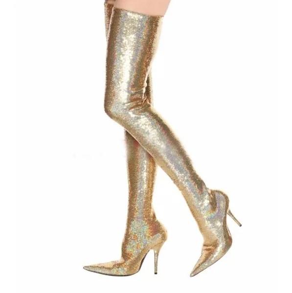 Женские Эластичные ботфорты на шпильках, с острым носком, золотого и серебряного цвета, большие размеры 43, Прямая поставка