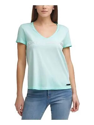 DKNY JEANS Женская футболка цвета морской волны с графическим логотипом и короткими рукавами, V-образным вырезом, S