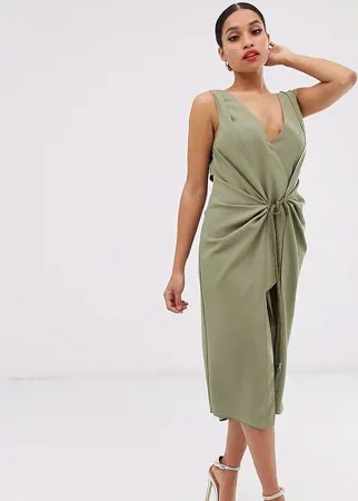 Платье миди с драпировкой и веревочным поясом ASOS DESIGN Petite-Зеленый