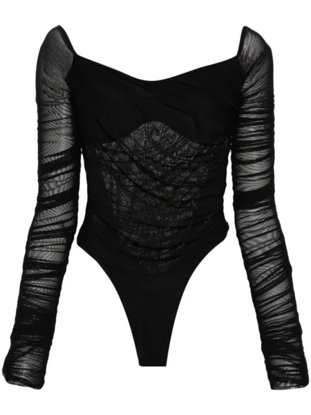 Mugler полупрозрачное боди со сборками, черный