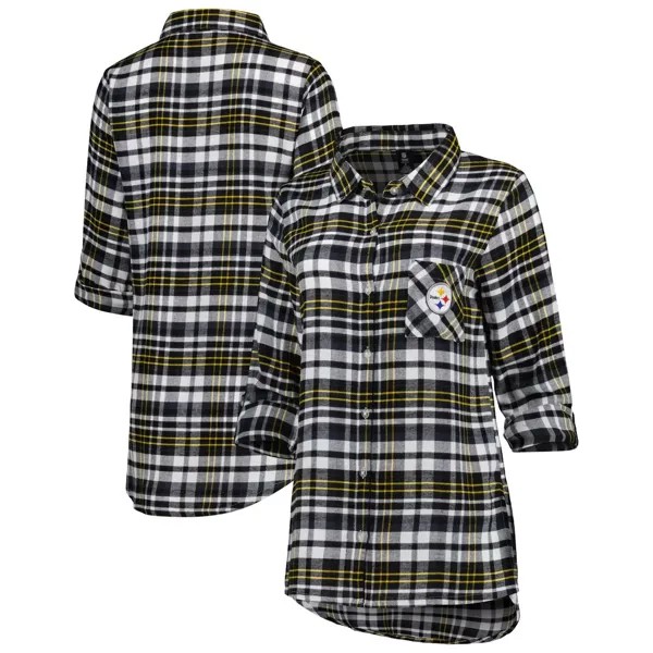 Женская спортивная черная/золотая ночная рубашка Pittsburgh Steelers Mainstay Concepts из фланели с длинными рукавами и застежкой на все пуговицы