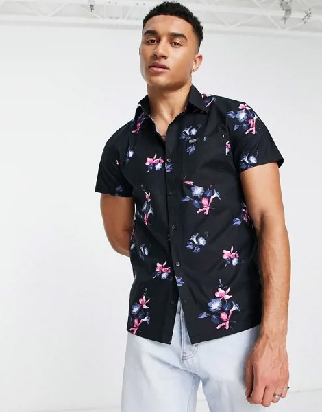 Черная рубашка узкого кроя с короткими рукавами и цветочным принтом Hollister-Черный
