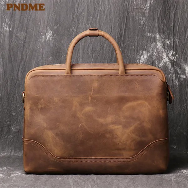 PNDME мужской портфель из натуральной кожи, Простая Офисная сумка для ноутбука в ретро стиле, Высококачественная роскошная сумка защитного цв...