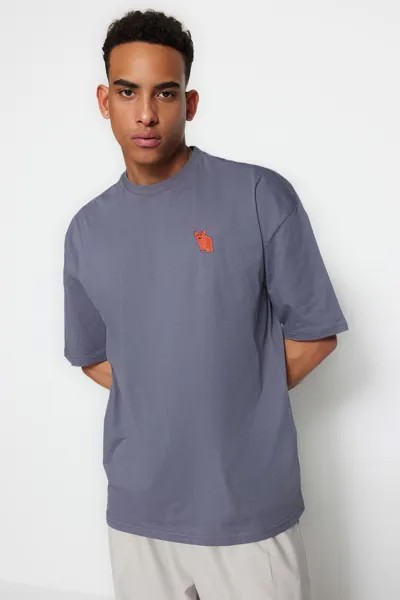 Мужская футболка оверсайз/широкого выреза с круглым вырезом, с короткими рукавами и вышивкой лисы, 1 хлопковая футболка Trendyol, серый