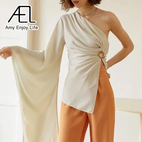 Женские асимметричные блузки AEL, бежевые повседневные топы с одним рукавом, элегантная уличная одежда