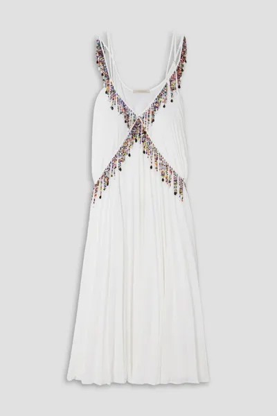 Плиссированное платье миди из жоржета, украшенное бисером Christopher Kane, белый