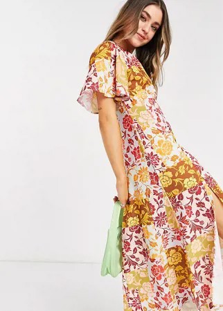 Эксклюзивное платье миди с расклешенными рукавами и контрастным цветочным принтом John Zack-Многоцветный