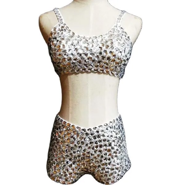 Серебристый Стразы Сексуальное белье из двух предметов сверкающими костюм для женщин женская обувь для ночного клуба производительность танцевальный костюм для сцены, одежда