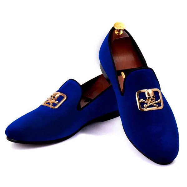 Европейские мужские туфли Harpelunde, синие бархатные Мокасины, модельные туфли с пряжкой в виде черепа, размер 6-14