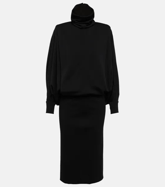 Платье макси из шерстяного джерси с отделкой из тюля SAINT LAURENT, черный