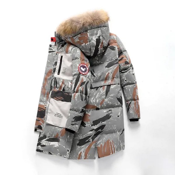 Хлопчатобумажная куртка Камуфляж Средняя длина Меховой воротник с капюшоном Зимняя мягкая куртка