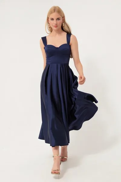 Женское атласное вечернее платье миди темно-синего цвета с расклешенными бретельками Lafaba, темно-синий
