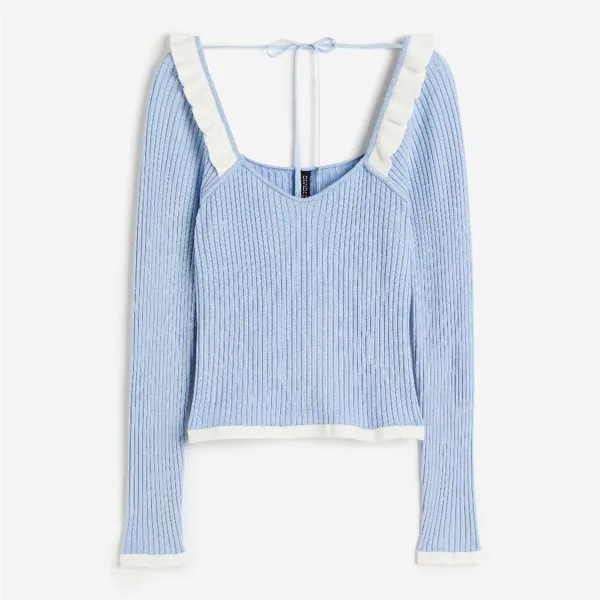 Топ H&M Ruffle-trimmed Rib-knit, голубой