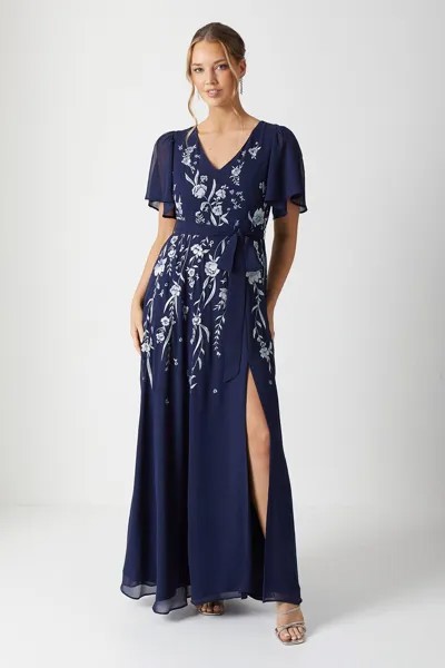 Платье макси для подружек невесты премиум-класса с цветочной вышивкой Coast, темно-синий