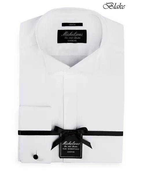 Лондонская мужская рубашка-смокинг классического/классического кроя из эластичного однотонного материала с воротником-стойкой и французскими манжетами Michelsons, белый