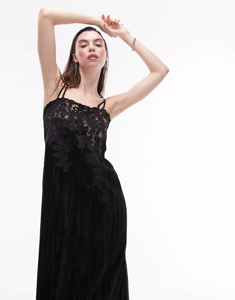 Черное платье-комбинация миди из бархата и кружева Topshop