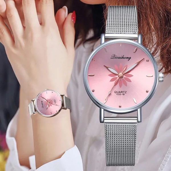 Женские наручные часы Роскошные серебристые популярные розовые цветы цветы металл женский браслет кварцевые часы модные наручные часы