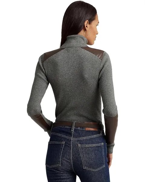 Свитер LAUREN Ralph Lauren Faux Leather-Trim Ribbed Turtleneck, цвет Modern Grey Heather