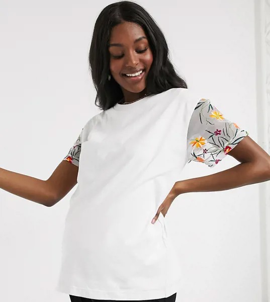 Двухслойная футболка с вышивкой на рукаве ASOS DESIGN Maternity nursing-Белый