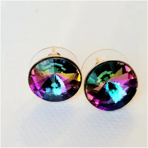 Серьги - гвоздики с кристаллами Swarovski Rivoli Chaton 12 mm радужный желтый