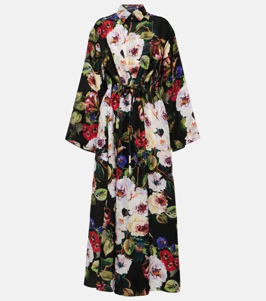 Платье-рубашка из шелкового атласа с цветочным принтом Dolce&Gabbana, мультиколор