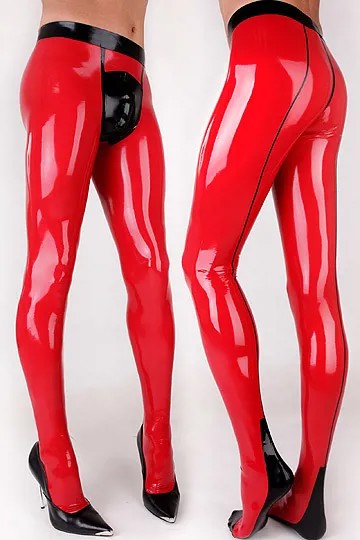 Мужские сексуальные красные и черные латексные брюки с открытой промежностью и передней молнией для мужчин