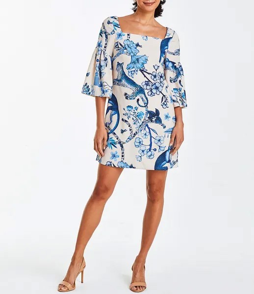 Mestiza New York Vivienne Мини-платье прямого кроя с квадратным вырезом и рукавами 3/4 с животным цветочным принтом, синий