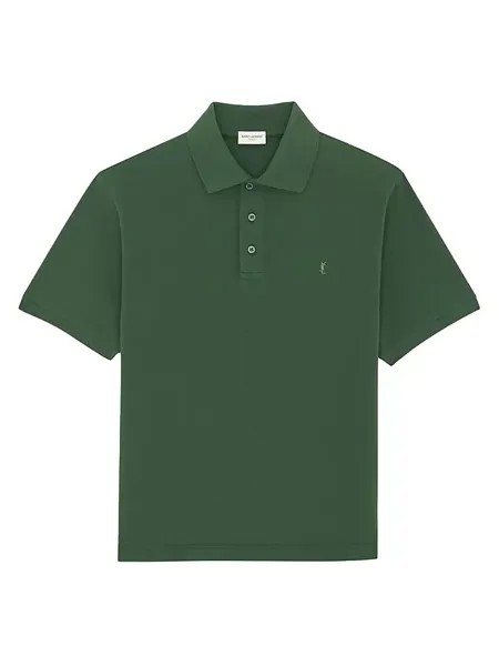 Рубашка-поло с монограммой из хлопкового пике Saint Laurent, цвет vert fonce
