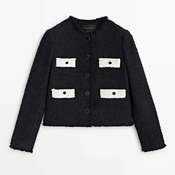 Жакет Massimo Dutti Contrast Textured Cropped With Pockets, черный/кремовый