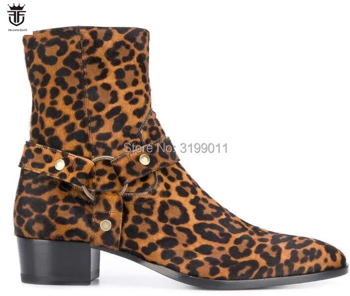 FR. LANCELOT/2020 мужские леопардовые ботинки; мужские ботинки «Челси» с пряжкой; Мужские ботинки в винтажном стиле; мужские ботинки на среднем каблуке; мужские ботинки с острым носком; botas