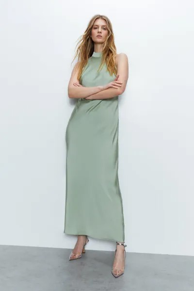 Атласное платье макси с открытой спиной и вырезом через шею Warehouse, зеленый